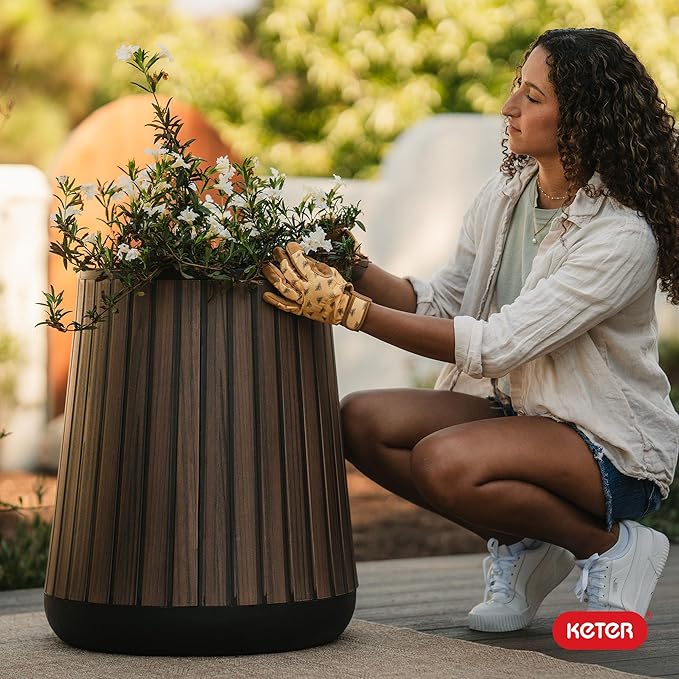 Keter Signature Conic 23.8 Inch Tall Round Large Wood Look Planter for Indoor or Outdoor Flower Pot Ideal for Patio Deck and Front Porch Decor, Rosewood