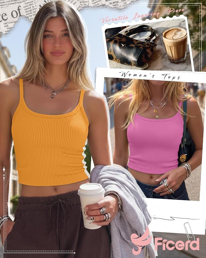 Ficerd 3 Pack Women's Tank Tops 95% Cotton Spaghetti Strap Ribbed Crop Camisole Slim Fitted Basic Summer Sleeveless Layer