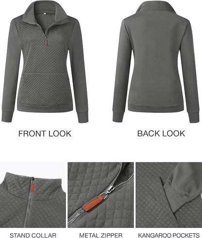 BTFBM Women Fashion Quilted Pattern Lightweight Zipper Long Sleeve Plain Casual Ladies Sweatshirts Pullovers Shirts Tops