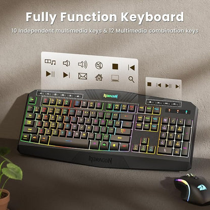 Redragon S101M-KS Gaming Keyboard and Mouse Wireless with Tri-Mode, RGB Keyboard and 4800 DPI Gaming Mouse, 10 Independent Multimedia Keys for Wins, PC, Computer, Wireless S101 Ideal for Gamer