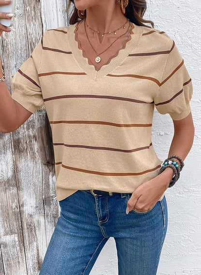 Dokotoo Womens Summer Short Sleeve Knit Tops 2026 Spring Trendy Casual V Neck Striped Sweater Blouses