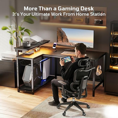 Bestier 42-Inch L-Shaped Computer Desk with Charging & LED, Black | Charging 2AC+USB+Type-C, RGB LED Strip, Reversible Shelves, Monitor Stand, Headphone Hook, Cable Mgmt, Small Space