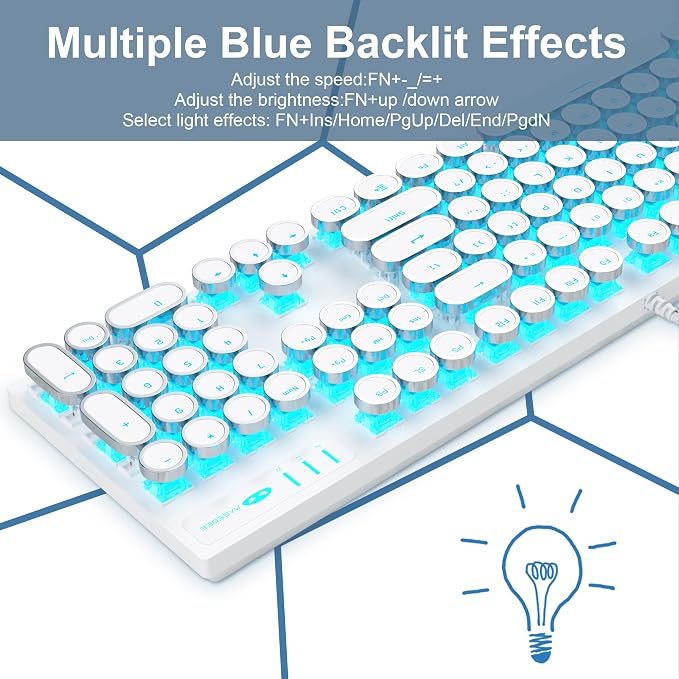 Camiysn Typewriter Style Mechanical Gaming Keyboard, White Retro Punk Gaming Keyboard with Blue Backlit, 104 Keys Blue Switch Wired Cute Keyboards, Round Keycaps for Windows/Mac/PC