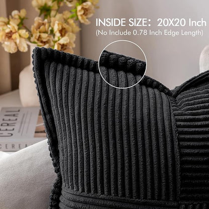 MIULEE Decorative Throw Pillow Covers for Couch Bed Livingroom 20x20 Inch Set of 2 Black Boho Accent Throw Pllows Broadside Striped Patchwork Soft Corduroy Pillowcases