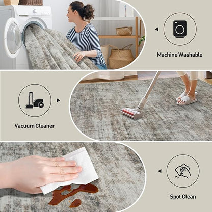 4x6 Area Rugs Washable Rug: Modern Abstract Living Room Rug Soft Anti-Skid Thin Carpet Indoor Floor Non-Shedding Carpets for Bedroom Dining Room Farmhouse Nursery Home Office Brown Black