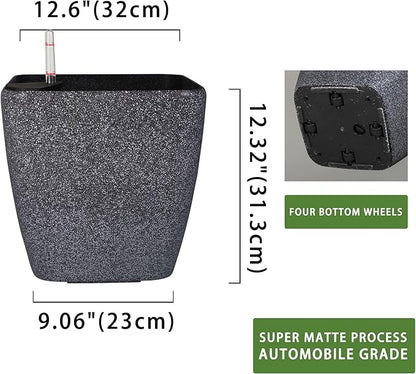 Dexceder 13x12 Self Watering Planter with Wheels Indoor Outdoor, Inner Mat Design, Thickened Large Floor Standing Flower Plant Pot with Water Level Indicator (Stone Matte)