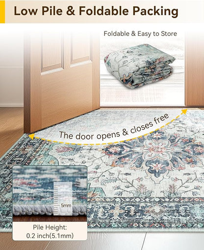 RELEANY Area Rugs Small 2'x4' Washable Non-Slip, Floral Vintage Distress Medallion Carpet for Kitchen Entryway Bathroom, Green Navy Blue White Red Teal