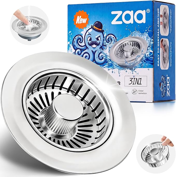 zaa 3 in 1 Kitchen Sink Drain Strainer Stopper Removable Basket Pop-Up | Kitchen Sink Accessories 1 Pack Brushed Silver Stainless - Food Catcher, Odor-Blocking Seal, Fits 3.5" Drain