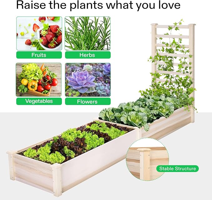 VIVOSUN Wooden Raised Garden Bed, 48 x 24 x 30 Inches, Outdoor Wood Planter Box with Gloves and a Liner, with Trellis for Vine Climbing for Garden, Patio, Balcony, Backyard and Outdoors