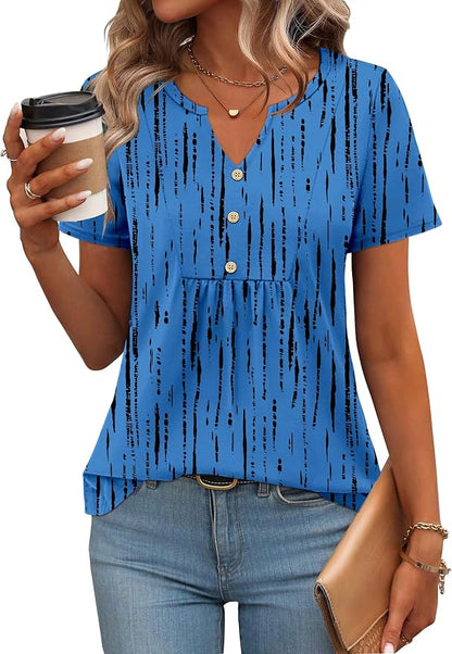 Zeagoo Womens Short Sleeve Tops Summer Henley V-Neck Tshirts Casual Pleated Blouse Dressy Loose Floral Basic Tee