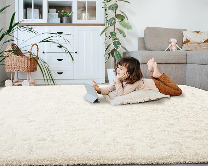 Softlife Rug for Living Room 6x9 Feet Area Rug for Bedroom Super Soft Shaggy Rugs for Kids Room Fluffy Fuzzy Carpets Long Plush Bedside Rug Nursery Christmas Home Decor for Boys Girls, Creamy White