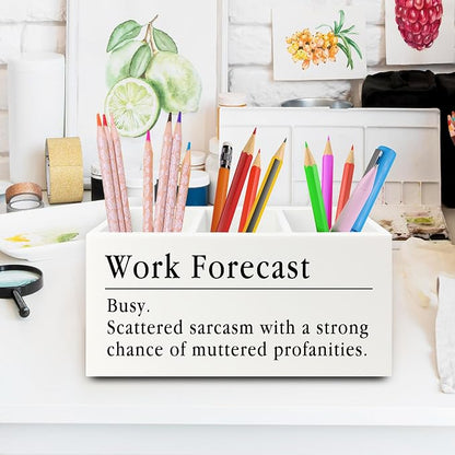 Funny Pen Pencil Holder Organizer for Desk, Funny Coworkers Gifts for Women, Office Humor Gifts, Work Forecast Wooden Box Sign for Home Office Desk Tabletop Decorations