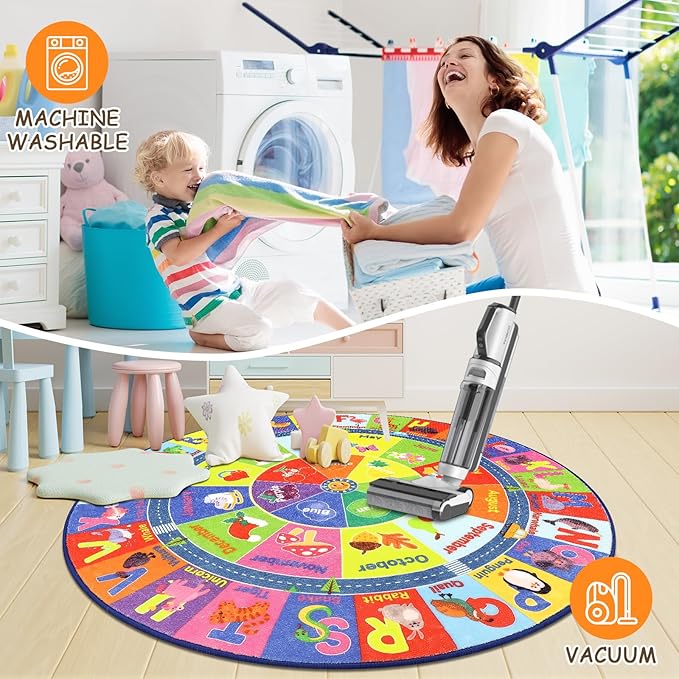 HEBE Kids Play Rug 4ft ABC Alphabet Numbers Shapes Educational Kid Area Rug Washable Baby Crawling Mat Non Slip Kid Play Mat Carpet for Girl Boy Bedroom Playroom