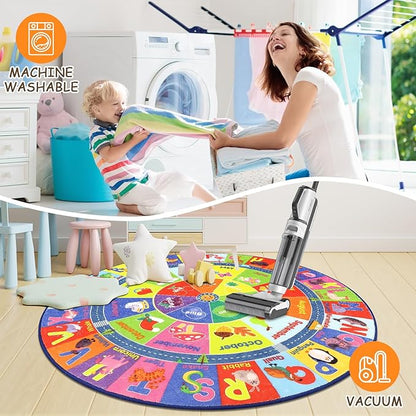 HEBE Kids Play Rug 4ft ABC Alphabet Numbers Shapes Educational Kid Area Rug Washable Baby Crawling Mat Non Slip Kid Play Mat Carpet for Girl Boy Bedroom Playroom