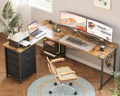 AODK 61" L Shaped Gaming Desk with 4 Drawers and Power Outlets, Vintage | USB Ports, PC Tower Stand, Hooks, Reversible Corner Layout for Gaming Rooms, Bedrooms and Home Office