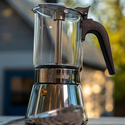 The London Sip Glass and Stainless Steel Stovetop Espresso Maker Moka Pot Italian Coffee Percolator, Glass, Medium (10.14 oz)