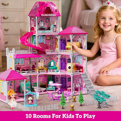 JUKUDAHU Villa Playset for Girls Ages 3-7, 4-Storey House with 10 Rooms, 2 Dolls, Furniture and Accessories, Indoor Playset Girls Toys for Ages 6-8, Pretend Toddler Toys, Birthday Gifts for Kids 4-8