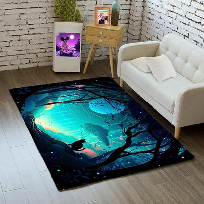 Cat Rug - Magic Black Cat Rug for Home Decor Moon Black Cat Rug for Boys Room Cat Door Mats Outdoor Entrance Forestscape Cat Rug, 2x3 Feet