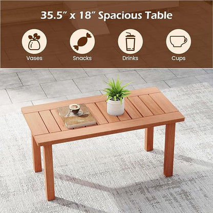 Tangkula Outdoor Coffee Table, 35.5” Patio Table with Slatted Tabletop, Rectangular Wooden Center Table Indoor Outdoor for Balcony, Poolside, Garden, Living Room, Natural