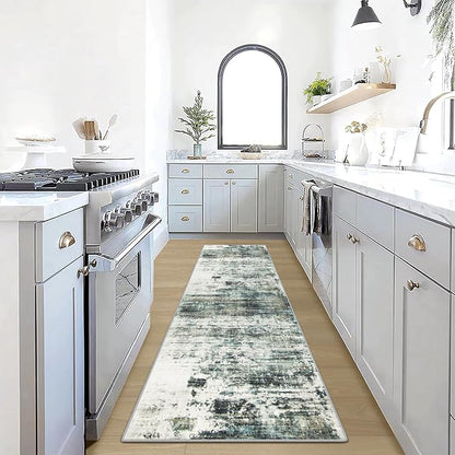 2'6''x8' Runner Rugs Washable Rug: Modern Abstract Hallway Runner Rug Indoor Soft Low Pile Thin Carpet Anti-Skid Non-Shedding Carpets for Kitchen, Entryway, Laundry, Bedroom - Green Multi