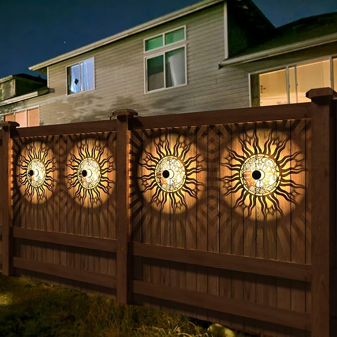 4 Pack Solar Fence Lights Metal Solar Powered Outdoor Wall Deck Lights Sun Moon Theme Waterproof Fence Light for Garden Post Patio Backyard Yard Decor (Face, 4 Pack)