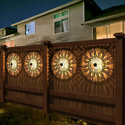 4 Pack Solar Fence Lights Metal Solar Powered Outdoor Wall Deck Lights Sun Moon Theme Waterproof Fence Light for Garden Post Patio Backyard Yard Decor (Face, 4 Pack)