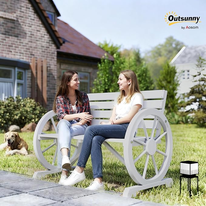 Outsunny 41" Wooden Wagon Wheel Bench, Rustic Outdoor Patio Weather Resistance Furniture, 2-Person Slatted Seat Bench with Backrest, Light Gray
