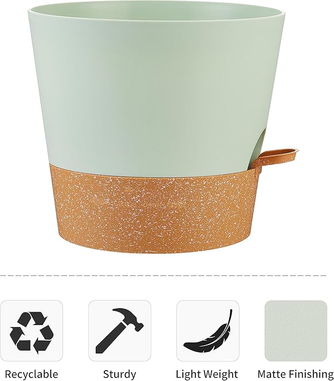 FaithLand 2-Pack 10 Inch Planter Pots for Indoor Outdoor Plants, Self Watering Flower Pots with Deep Reservoir, Green with Terracotta …