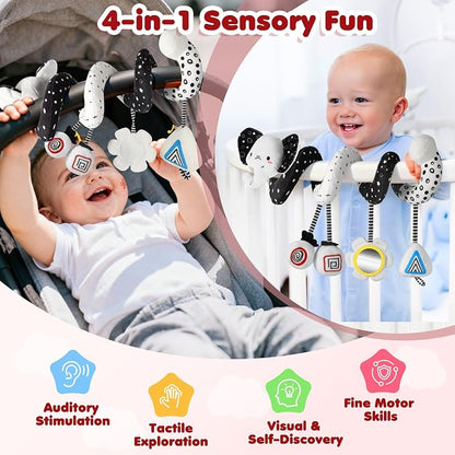 URMYWO Spiral Car Seat Toys for Babies 0-6 Months, Black and White Baby Toys, High Contrast Baby Toys for Newborn, Hanging Toy Fits Stroller, Shower Gift for Boys Girls