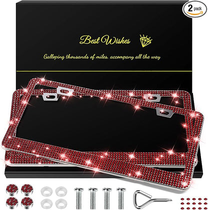 QUANQIUFEI 2 Pack Bling License Plate Frames for Women, Sparkly Rhinestone Diamond Car Accessories with Glitter Crystal Caps (Burgundy)