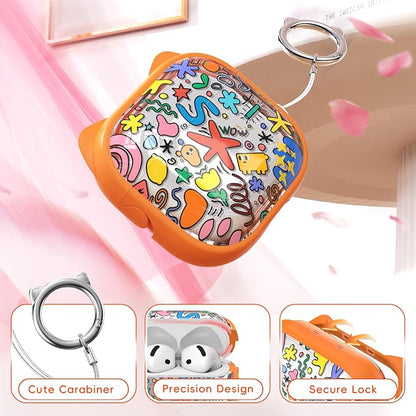 for AirPods 4 Case with Cleaning Kit, Cute Cat Ear Print Design & Cute Buckle, Inverted Phone Holder Design, Top Safe Lock Buckle Design, for Girls AirPods 4 case 2024, Orange Seaworld