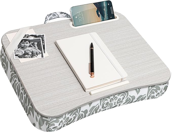 LAPGEAR Designer Lap Desk with Phone Holder and Device Ledge - Gray Damask - Fits up to 15.6 Inch Laptops - Style No. 45424
