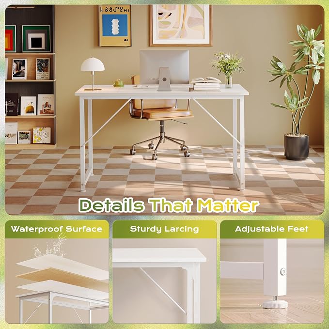 PRAISUN 47 Inch Computer Desk, Home Office Desk with Spacious Desktop, White