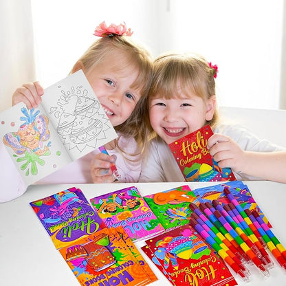Cinrobiye 24 Set Holi Coloring Books Bulk DIY Mini Happy Holi Art Drawing Set with Stackable Crayons for Festival Party Gifts Goodie Bag Fillers Classroom Activity Rewards