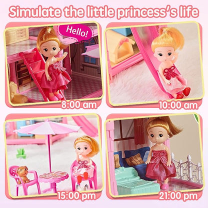 Villa Toys for Girls, 5 Stories 16 Rooms Villa Playset with Dolls, Lights, Furniture, Slide Accessories, DIY Pretend Toddlers House kit for 3 4 5 6 7 8 9 10 Year Old Kids (Pink)