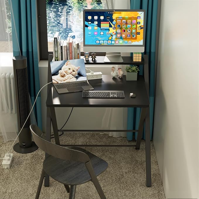 GreenForest Folding Desk No Assembly, Sturdy Computer Desk for Small Spaces | Portable Foldable Table for Laptop, 2-Tier Compact with Shelf, Space Saving for Home Office, Dorm, Apartment, 27"x 22" Black