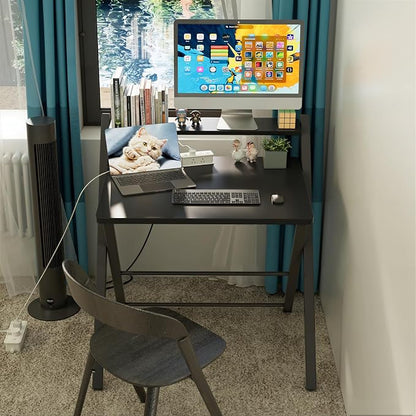 GreenForest Folding Desk No Assembly, Sturdy Computer Desk for Small Spaces | Portable Foldable Table for Laptop, 2-Tier Compact with Shelf, Space Saving for Home Office, Dorm, Apartment, 27"x 22" Black