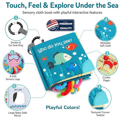 Fish Baby Books Toys, Touch Feel Cloth Crinkle Books for Babies,Baby Infant Toys 0-6, 6-12,12-18 Months,Newborn,Early Learning Education, Baby Gifts Shower for Boys Girls,Teething, Mirror,Shark Ocean