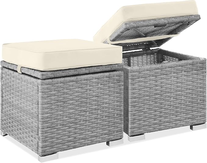 Best Choice Products Set of 2 Wicker Ottomans, Multipurpose Outdoor Furniture for Patio, Backyard, Additional Seating, Footrest, Side Table w/Storage, Removable Cushions - Cream/Gray