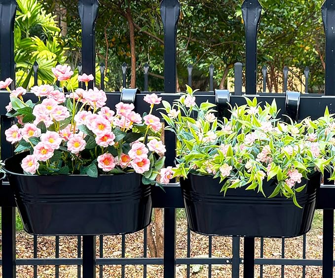 4 Pack Metal Hanging Planter for Outdoor Plants, 10 Inch Black Fence Planters Railing Pots for Garden Patio Balcony Decor, Flower Bucket with Detachable Hooks (Black, 4Pcs)