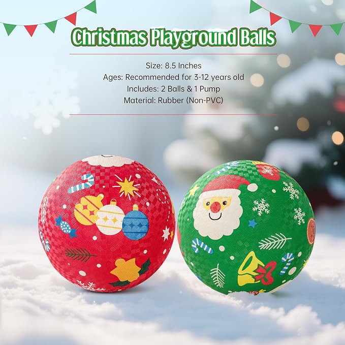 ZOOJOY Pack of 2 Cartoon Playground Balls, Christmas Toys Balls for Toddler 1-3, 8.5" Rubber Ball Bouncy Kickball, Indoor & Outdoor Game, for Boys Girls 2-4 with Pump