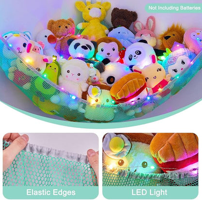 Unicorn Castle Stuffed Animals Net or Hammock Kids Toy Storage Organizer with LED Light Hanging Corner Stuffed Animals Holder Kids Girls Room Decor,Green,Large (Pack of 1)