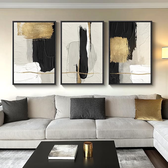 Large Framed Black and White Abstract Wall Art for Living Room, 3 Piece Big Canvas Prints Paintings Artwork for Walls, Modern Minimalist Black Gold Pictures for Hallway Office Wall Decor 24x36 Inch