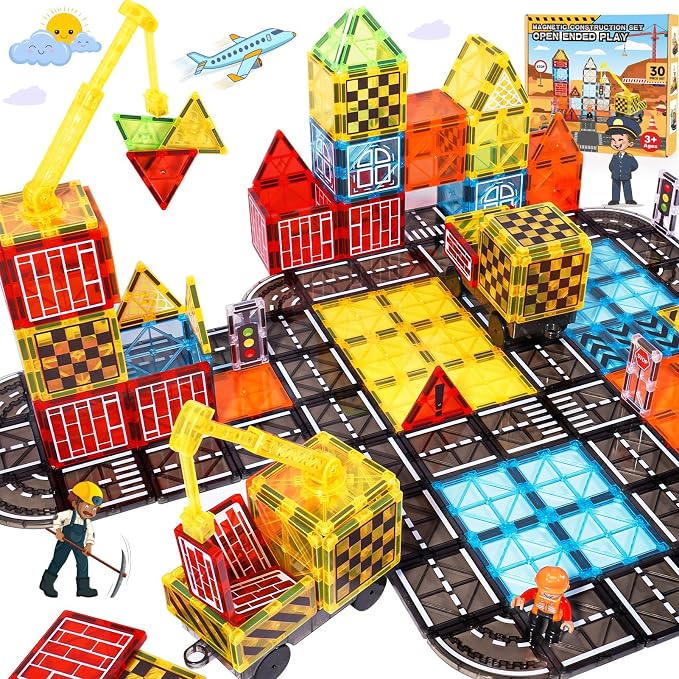Magnetic Tiles Kids Construction Toys - Road Set with Magnet Crane for Boys Age 3-5 4-8 8-10, Magnet Building Blocks Expansion Pack Toy Car Track Train Set, Road, Dolls, Traffic Lights and Stations