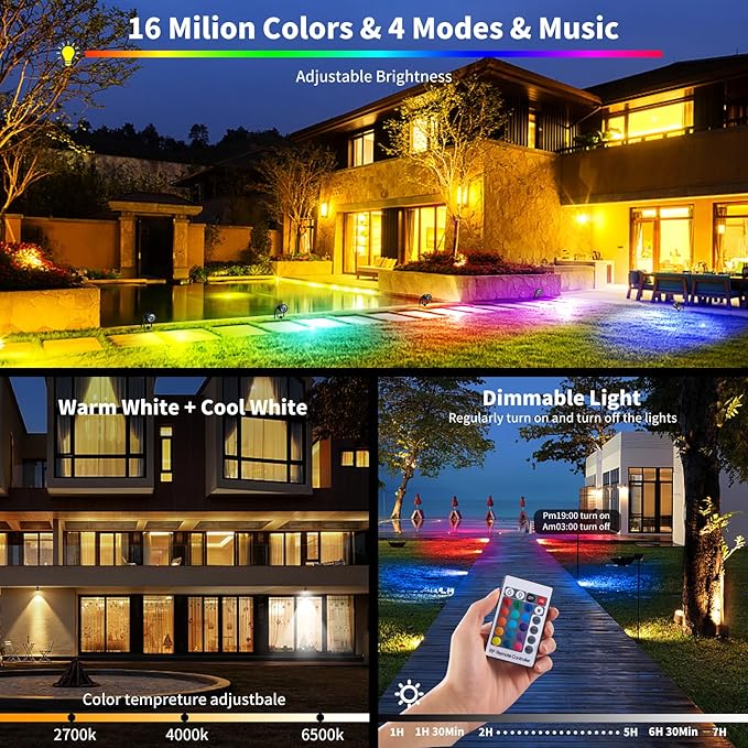 1500LM LED High Brightness Outdoor Landscape Lighting 15W RGBCW Color Changing Landscape Lights Remote Control Spot-Lights with Plug in IP66 Waterproof Flood Light for Garden - 2 Pack