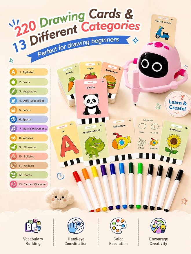 Drawing Robot Toys for Kids, 220 Flash Cards Gift for 3-8 Years Old Boys Girls, Montessori Doodle Art Painting with Voice Interactive for Beginners, Birthday (Pink)