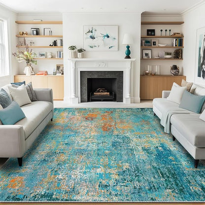 RELEANY Washable Area Rugs 8'x10' Non-Slip Modern Abstract Soft for Living Room Entryway Bedroom Kitchen, Print Pattern, Teal Blue Green Orange Rust Red Coloreful