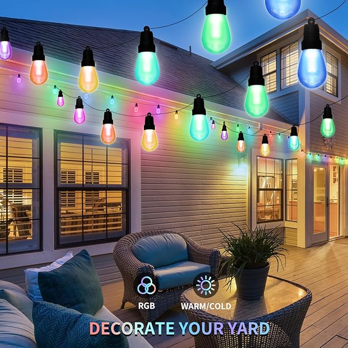 Outdoor String Lights 100FT (2×50FT), Patio Lights with 40 Dimmable RGBW LED Bulbs, IP66 Waterproof & Shatterproof, APP & Remote Control, 24V Adapter, Color Changing Lights for Backyard Decor