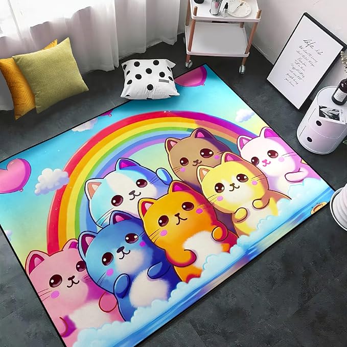 Cat Rainbow Rug for Girls Bedroom - Colorful Cat Area Rug Cat Rainbow Printed Carpet for Kids Room Cute Cartoon Cat Rug Home Decor, 2x3 Feet