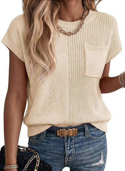 Dokotoo Summer Knit Tops for Women Sleeveless Crewneck T Shirts Casual Lightweight Sweater Blouses Shirts